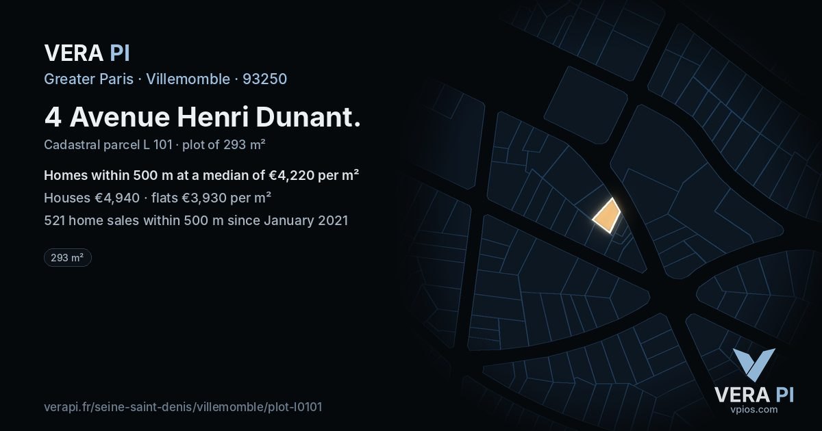 4 Avenue Henri Dunant, Villemomble at night – the plot lit, the parcels around coloured by the prices near them