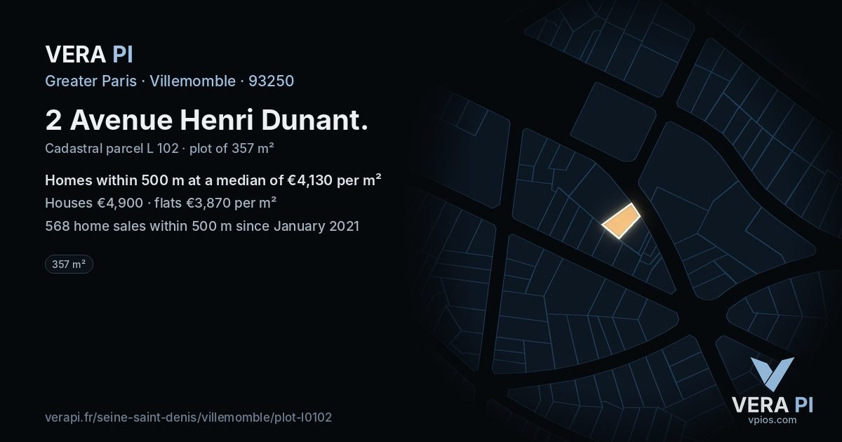 2 Avenue Henri Dunant, Villemomble at night – the plot lit, the parcels around coloured by the prices near them