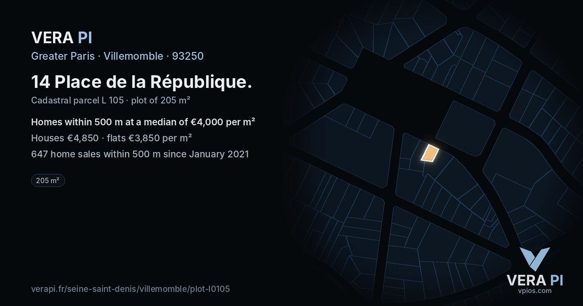 14 Place de la République, Villemomble at night – the plot lit, the parcels around coloured by the prices near them