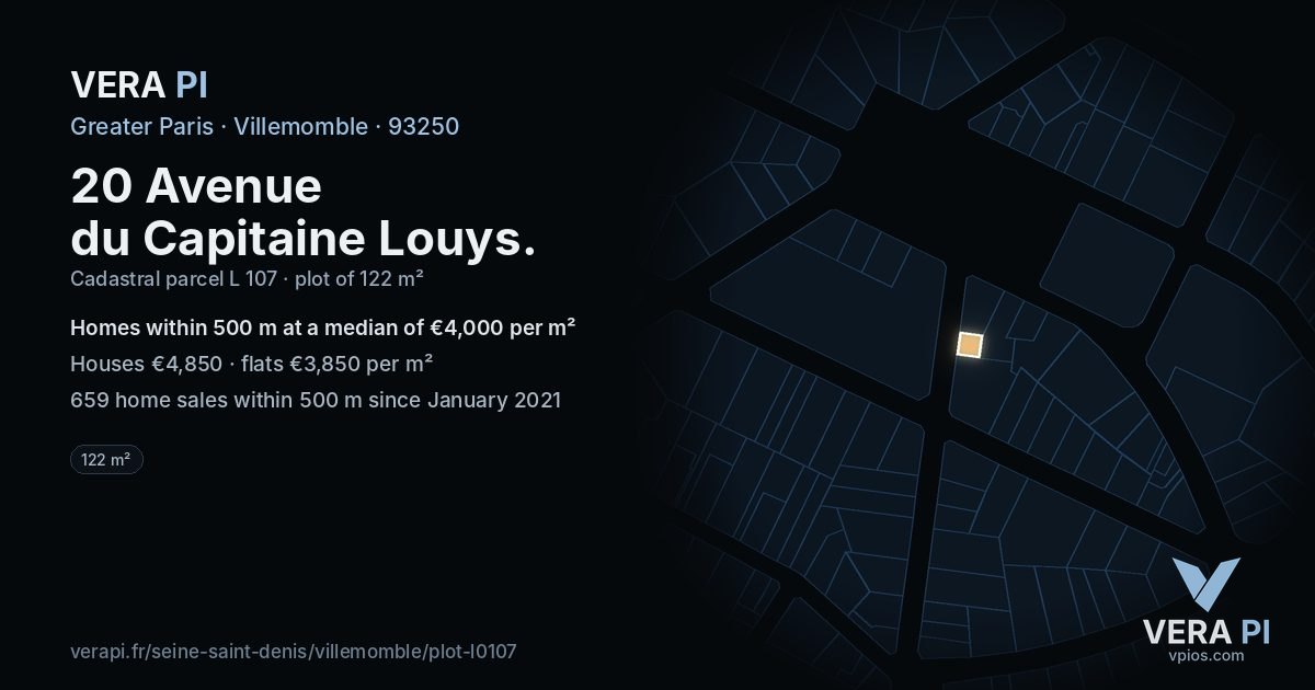 20 Avenue du Capitaine Louys, Villemomble at night – the plot lit, the parcels around coloured by the prices near them