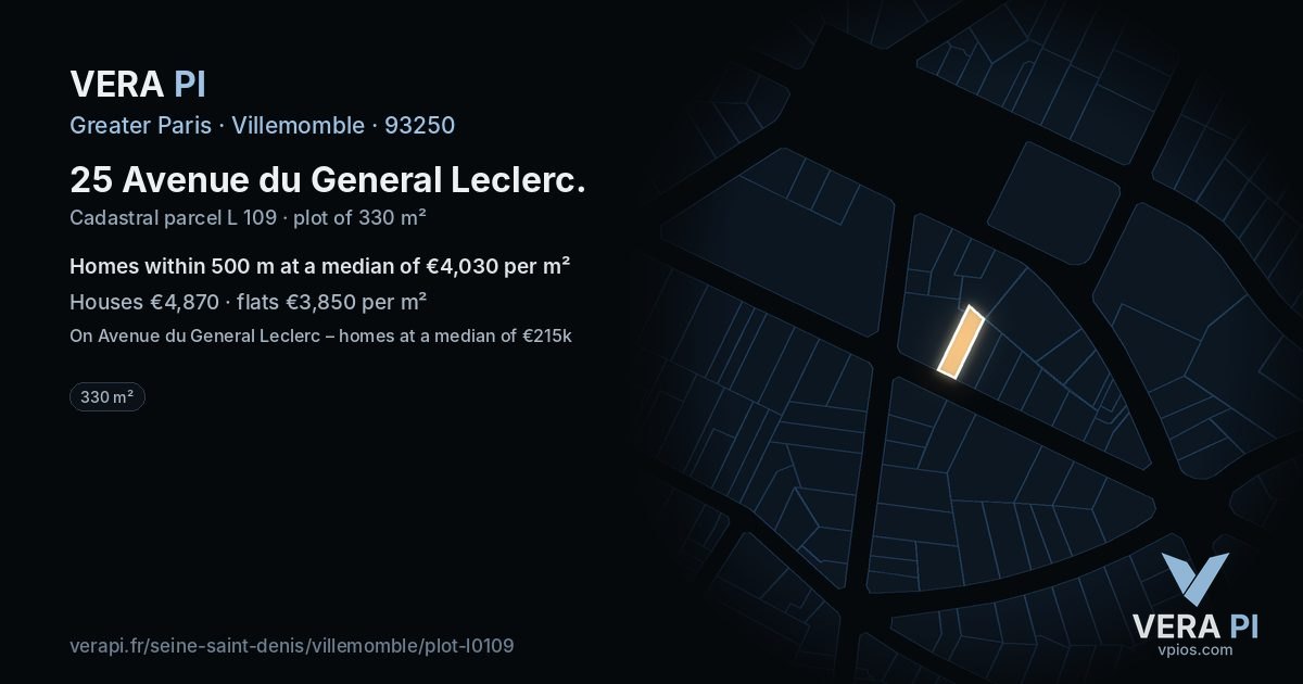 25 Avenue du General Leclerc, Villemomble at night – the plot lit, the parcels around coloured by the prices near them
