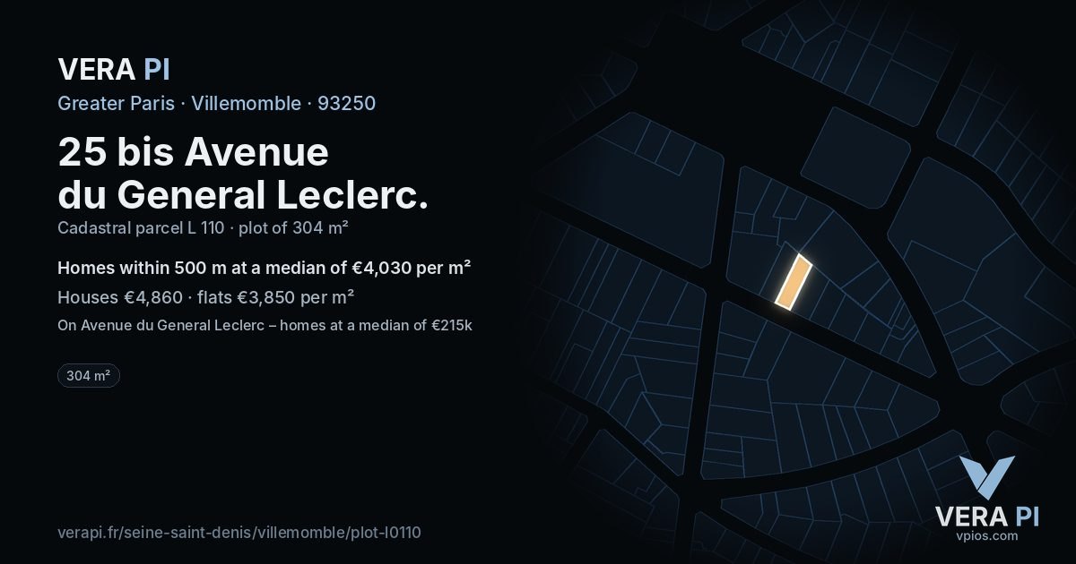 25 bis Avenue du General Leclerc, Villemomble at night – the plot lit, the parcels around coloured by the prices near them