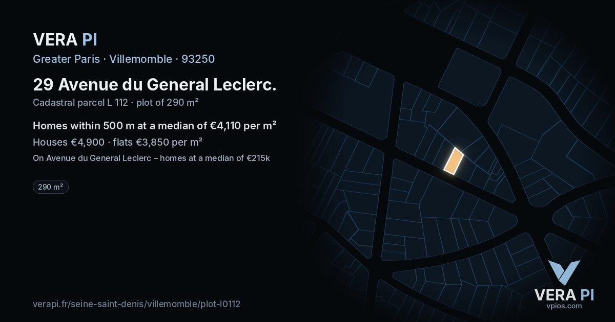 29 Avenue du General Leclerc, Villemomble at night – the plot lit, the parcels around coloured by the prices near them