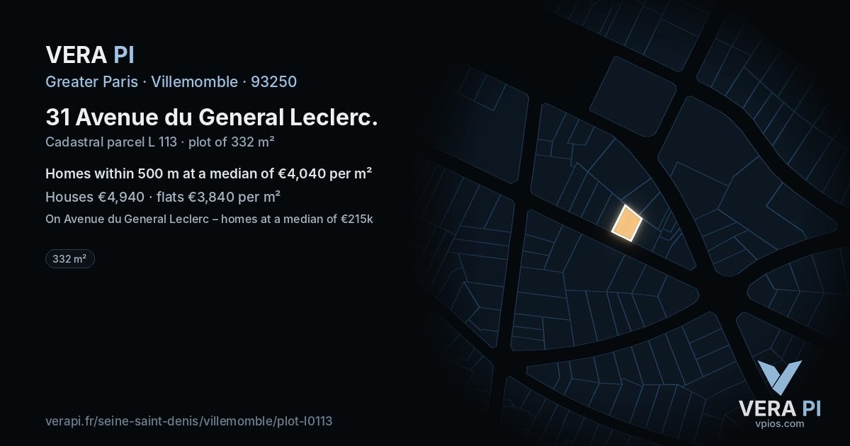 31 Avenue du General Leclerc, Villemomble at night – the plot lit, the parcels around coloured by the prices near them