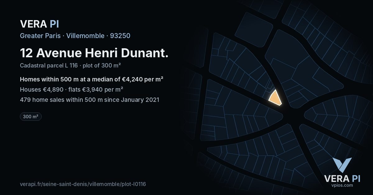 12 Avenue Henri Dunant, Villemomble at night – the plot lit, the parcels around coloured by the prices near them