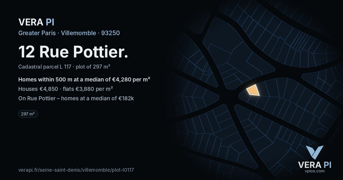 12 Rue Pottier, Villemomble at night – the plot lit, the parcels around coloured by the prices near them