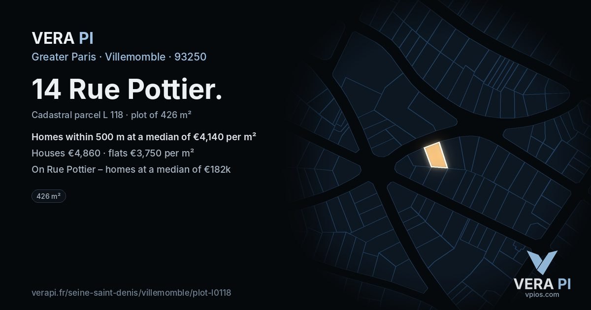 14 Rue Pottier, Villemomble at night – the plot lit, the parcels around coloured by the prices near them