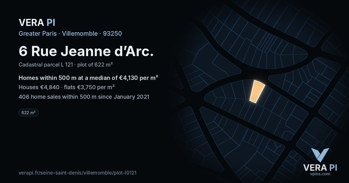 6 Rue Jeanne d’Arc, Villemomble at night – the plot lit, the parcels around coloured by the prices near them