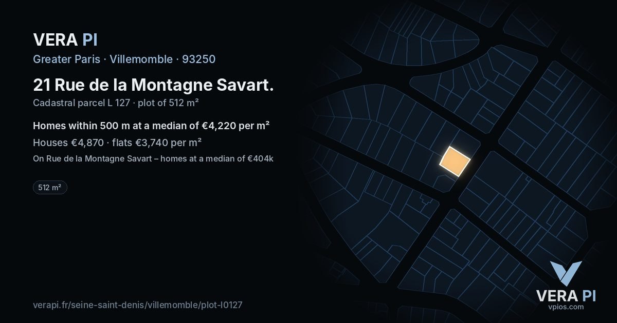 21 Rue de la Montagne Savart, Villemomble at night – the plot lit, the parcels around coloured by the prices near them