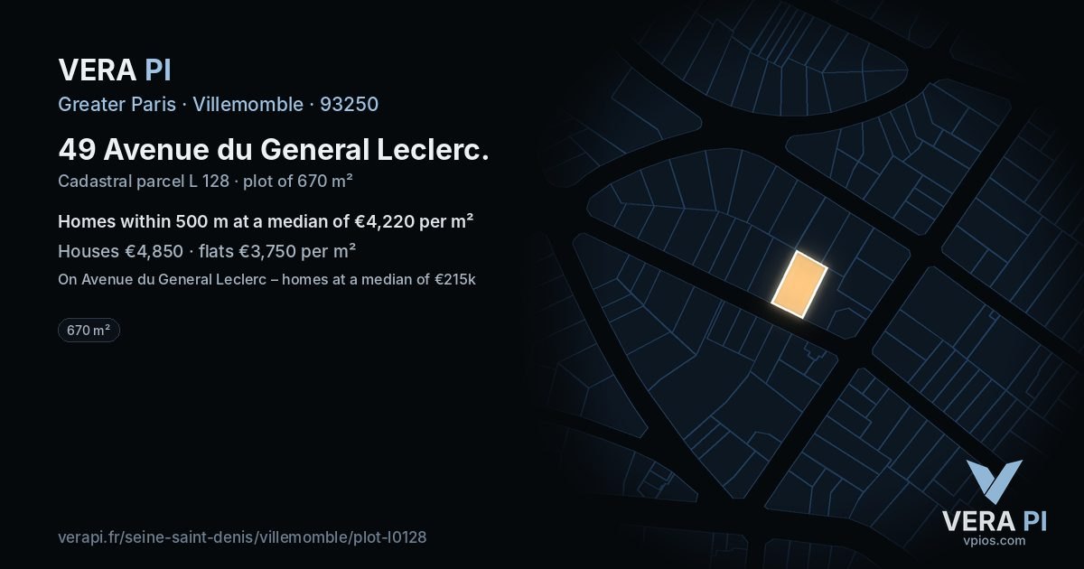 49 Avenue du General Leclerc, Villemomble at night – the plot lit, the parcels around coloured by the prices near them