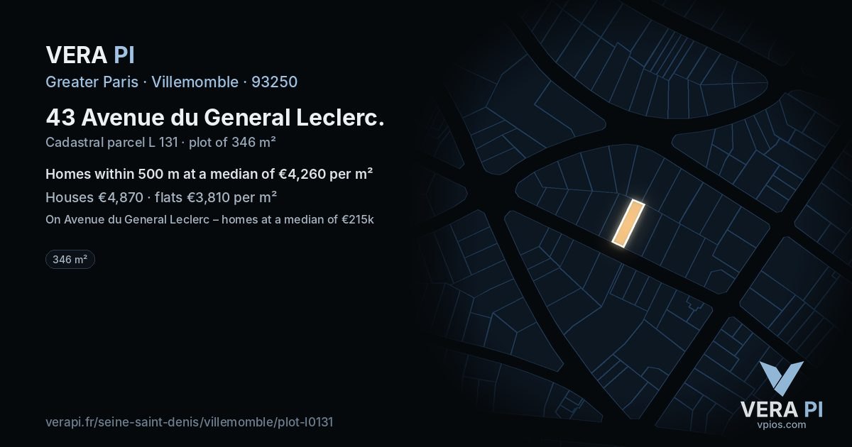 43 Avenue du General Leclerc, Villemomble at night – the plot lit, the parcels around coloured by the prices near them
