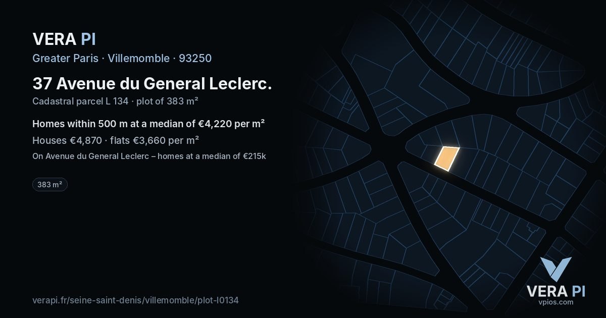37 Avenue du General Leclerc, Villemomble at night – the plot lit, the parcels around coloured by the prices near them