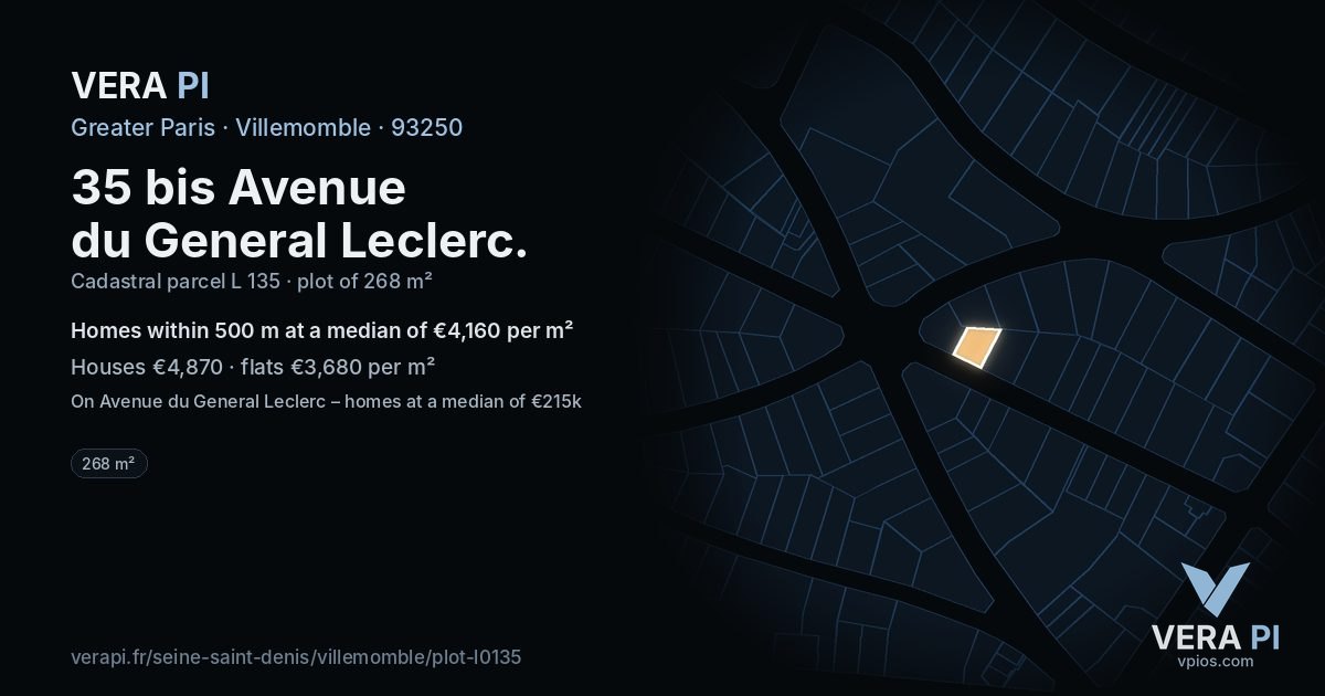 35 bis Avenue du General Leclerc, Villemomble at night – the plot lit, the parcels around coloured by the prices near them