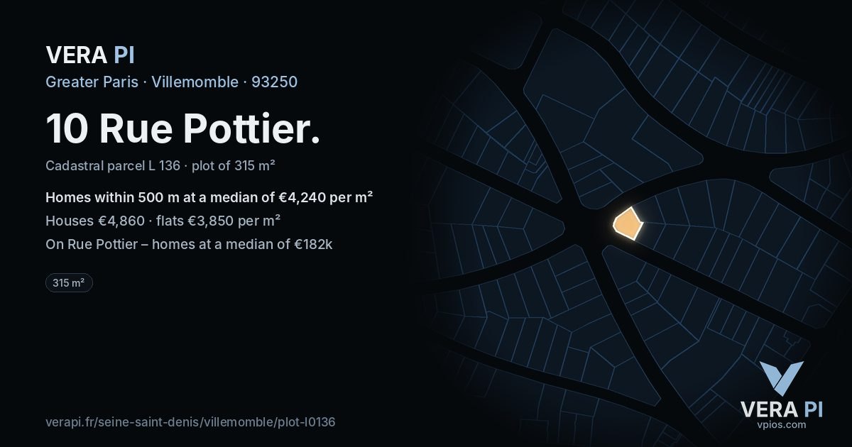 10 Rue Pottier, Villemomble at night – the plot lit, the parcels around coloured by the prices near them