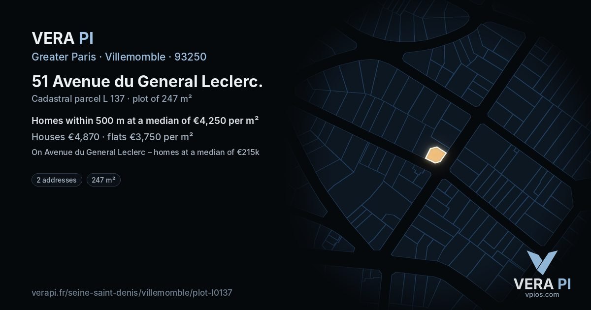 51 Avenue du General Leclerc, Villemomble at night – the plot lit, the parcels around coloured by the prices near them
