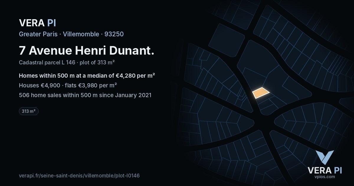 7 Avenue Henri Dunant, Villemomble at night – the plot lit, the parcels around coloured by the prices near them