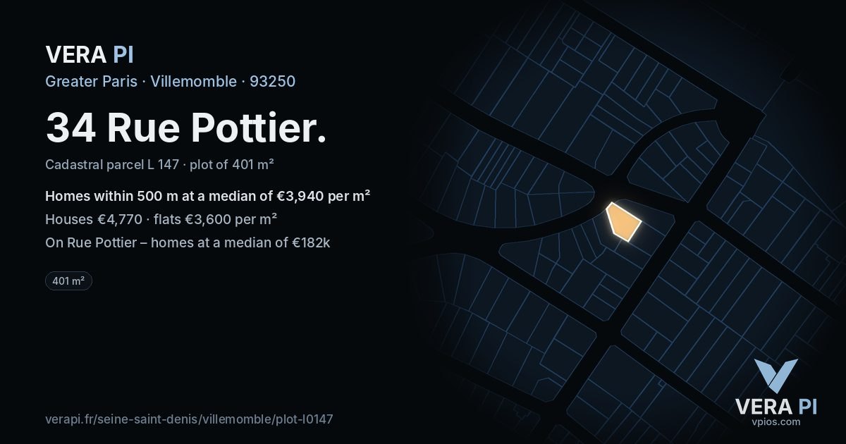 34 Rue Pottier, Villemomble at night – the plot lit, the parcels around coloured by the prices near them