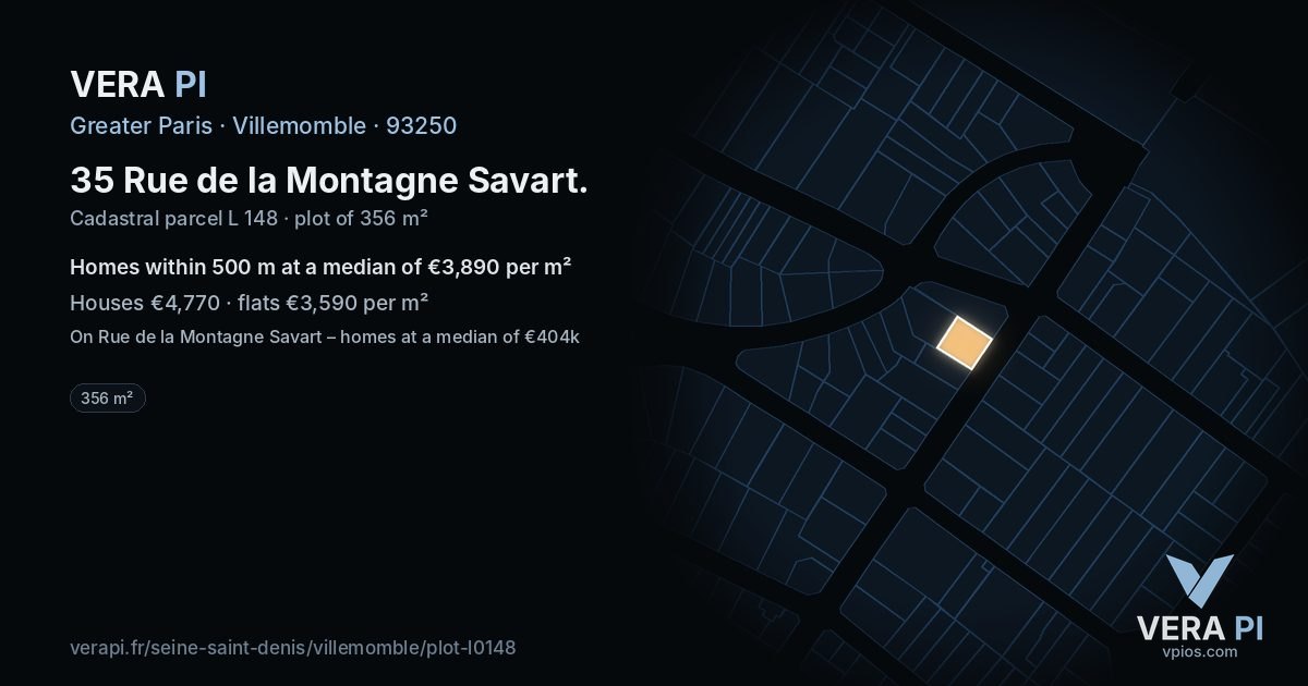 35 Rue de la Montagne Savart, Villemomble at night – the plot lit, the parcels around coloured by the prices near them