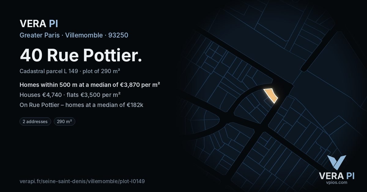 40 Rue Pottier, Villemomble at night – the plot lit, the parcels around coloured by the prices near them