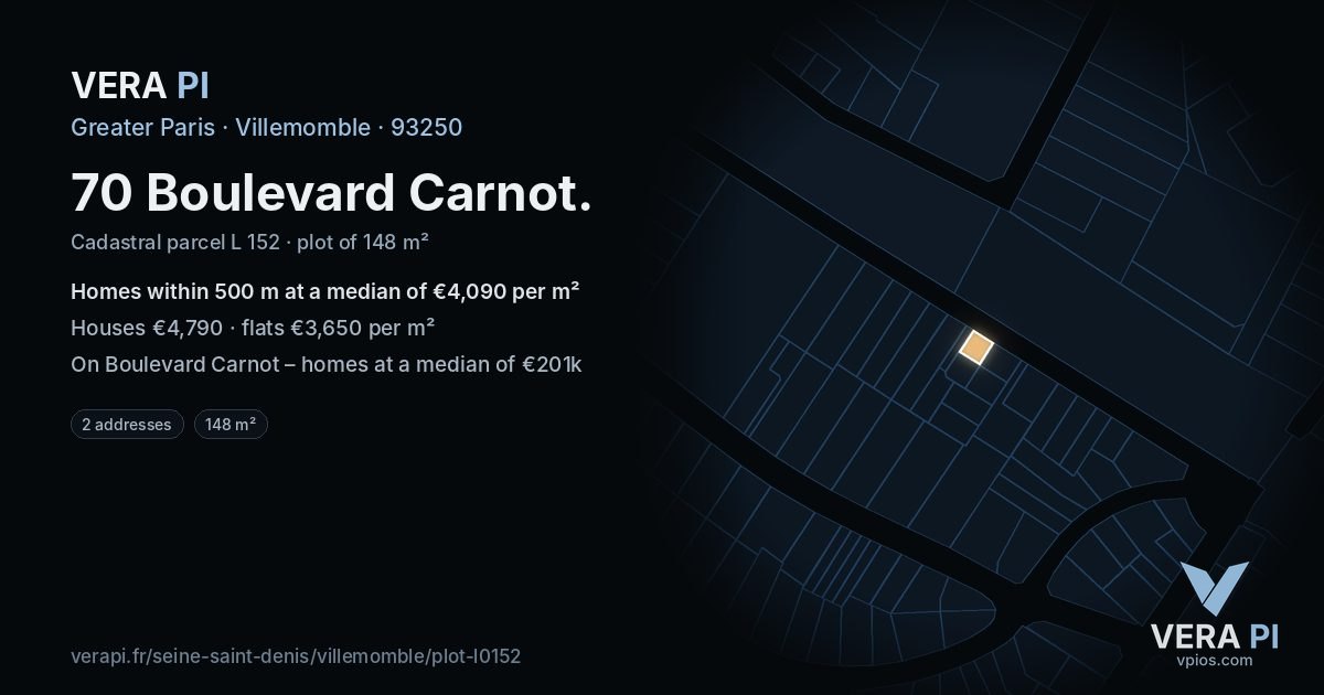 70 Boulevard Carnot, Villemomble at night – the plot lit, the parcels around coloured by the prices near them