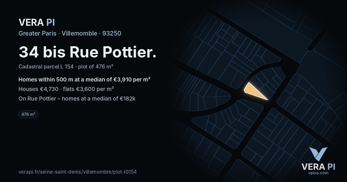 34 bis Rue Pottier, Villemomble at night – the plot lit, the parcels around coloured by the prices near them