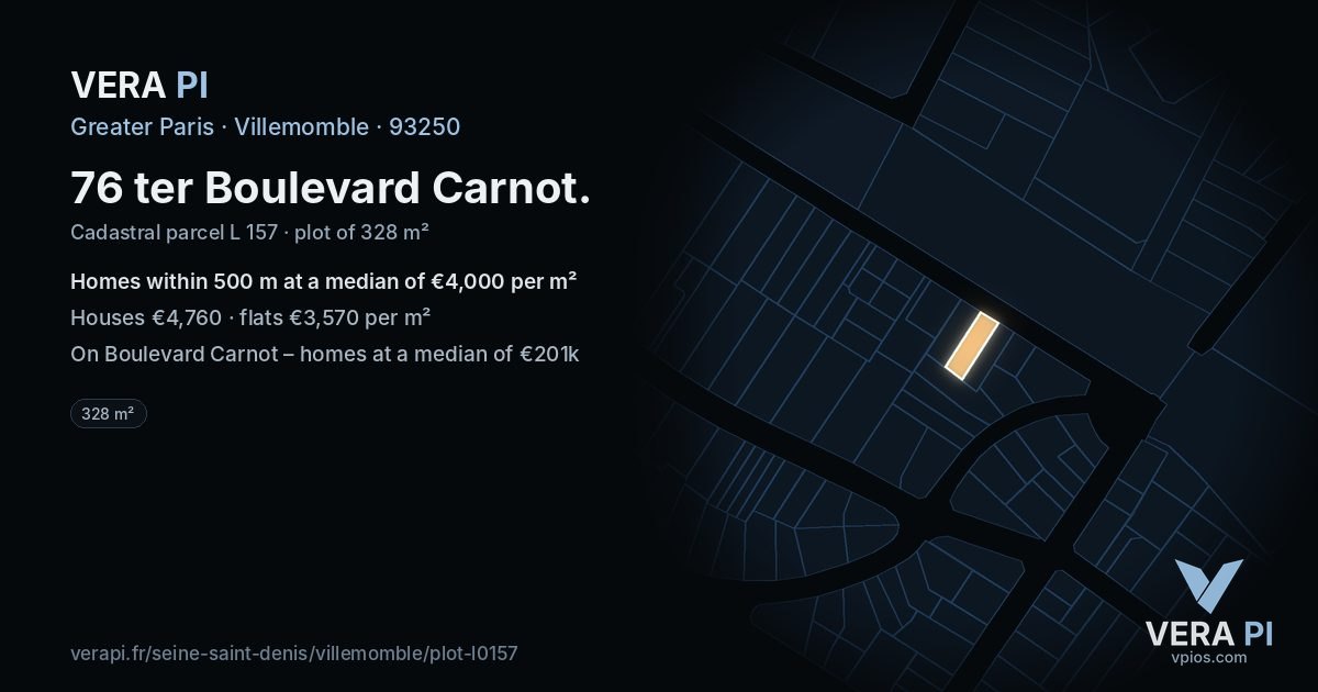 76 ter Boulevard Carnot, Villemomble at night – the plot lit, the parcels around coloured by the prices near them