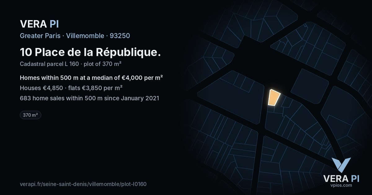 10 Place de la République, Villemomble at night – the plot lit, the parcels around coloured by the prices near them
