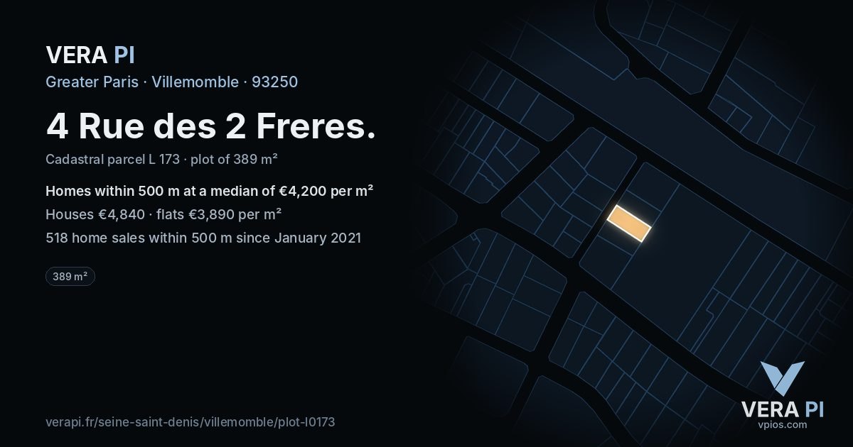 4 Rue des 2 Freres, Villemomble at night – the plot lit, the parcels around coloured by the prices near them