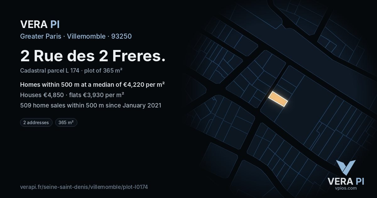 2 Rue des 2 Freres, Villemomble at night – the plot lit, the parcels around coloured by the prices near them
