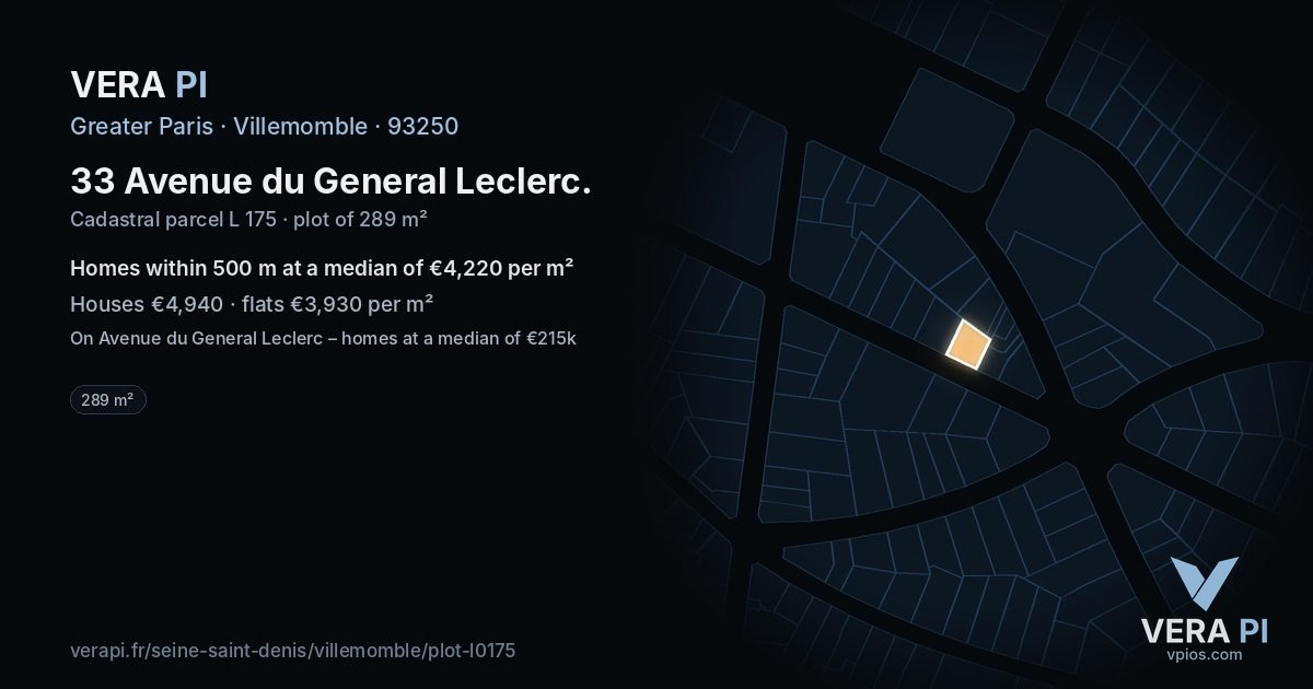 33 Avenue du General Leclerc, Villemomble at night – the plot lit, the parcels around coloured by the prices near them