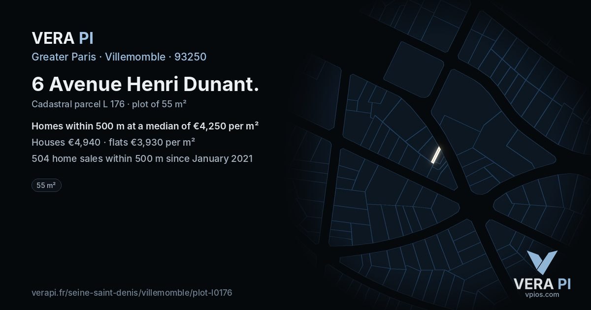 6 Avenue Henri Dunant, Villemomble at night – the plot lit, the parcels around coloured by the prices near them