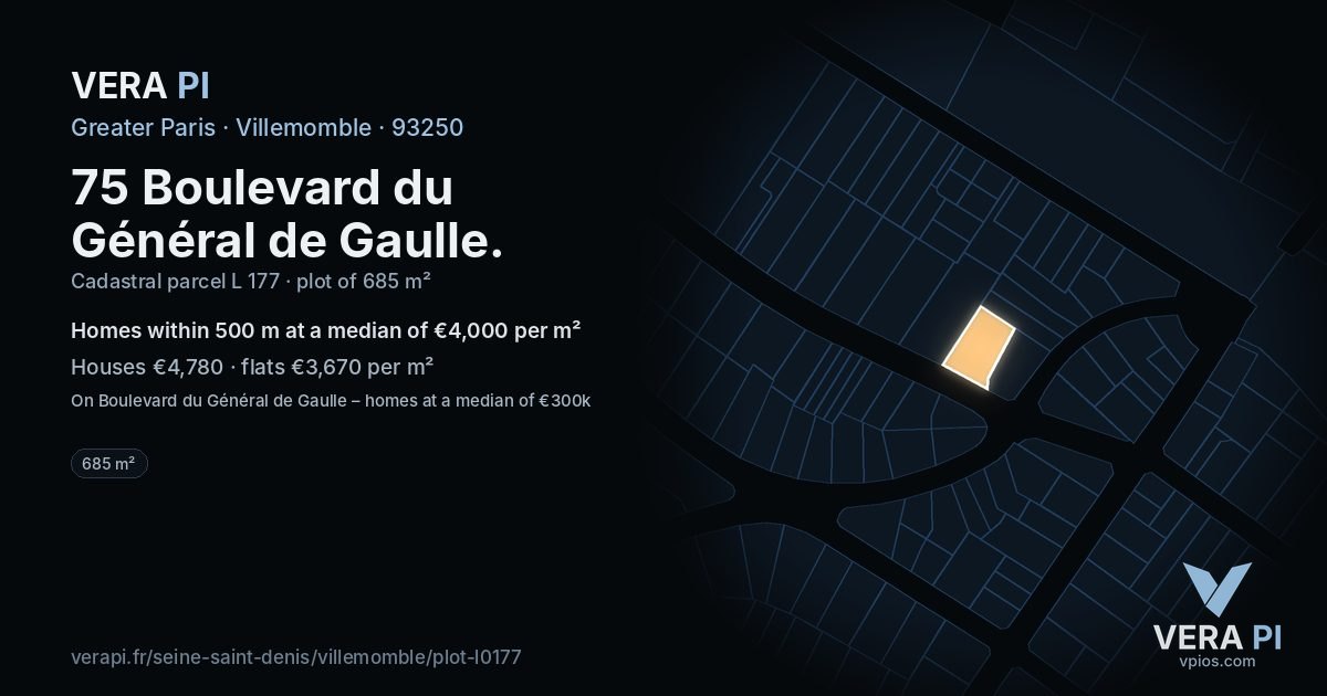 75 Boulevard du Général de Gaulle, Villemomble at night – the plot lit, the parcels around coloured by the prices near them