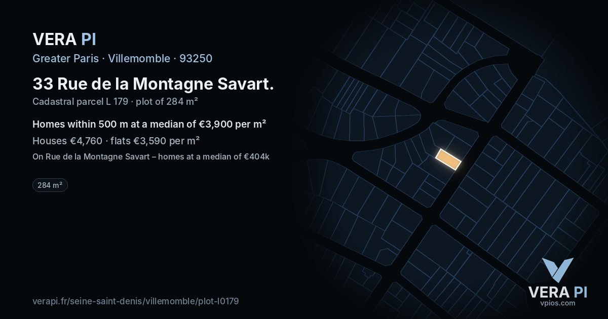 33 Rue de la Montagne Savart, Villemomble at night – the plot lit, the parcels around coloured by the prices near them