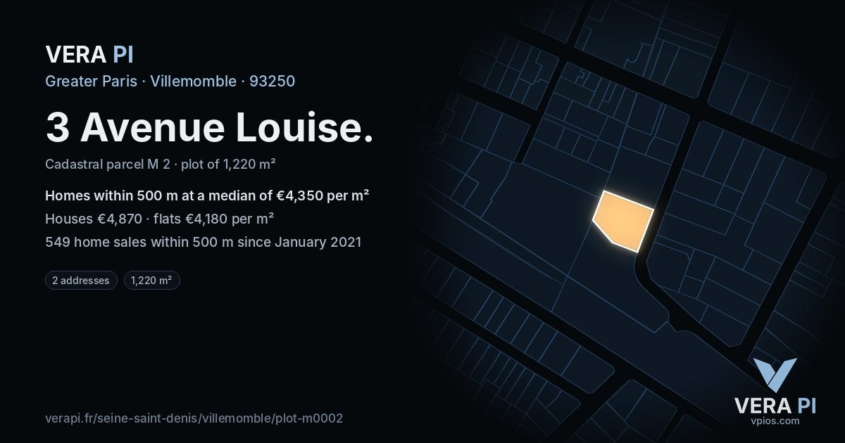 3 Avenue Louise, Villemomble at night – the plot lit, the parcels around coloured by the prices near them