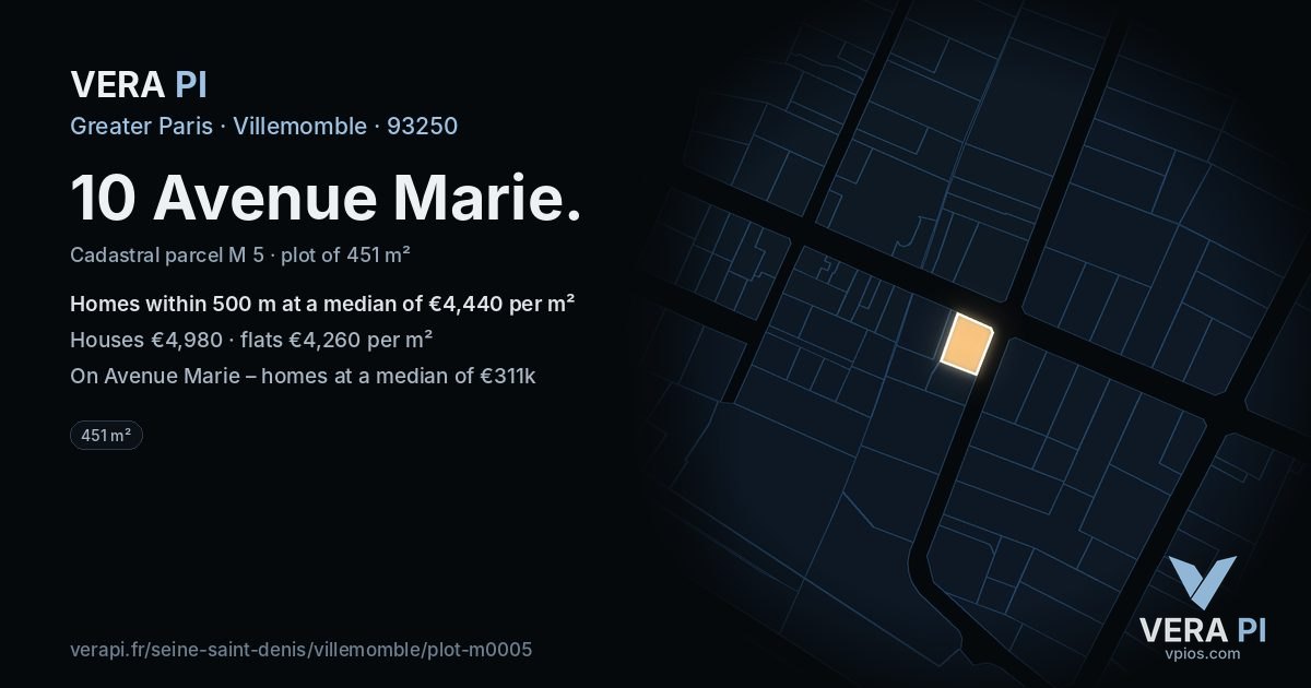 10 Avenue Marie, Villemomble at night – the plot lit, the parcels around coloured by the prices near them