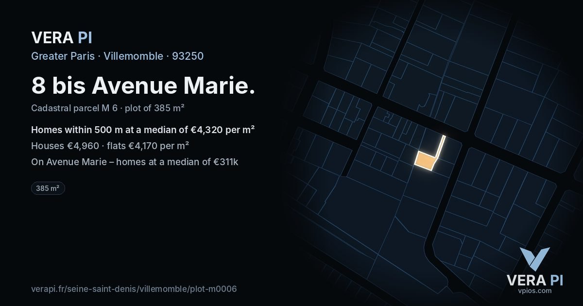 8 bis Avenue Marie, Villemomble at night – the plot lit, the parcels around coloured by the prices near them