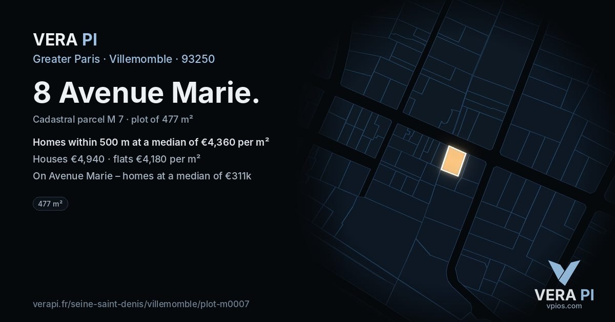 8 Avenue Marie, Villemomble at night – the plot lit, the parcels around coloured by the prices near them