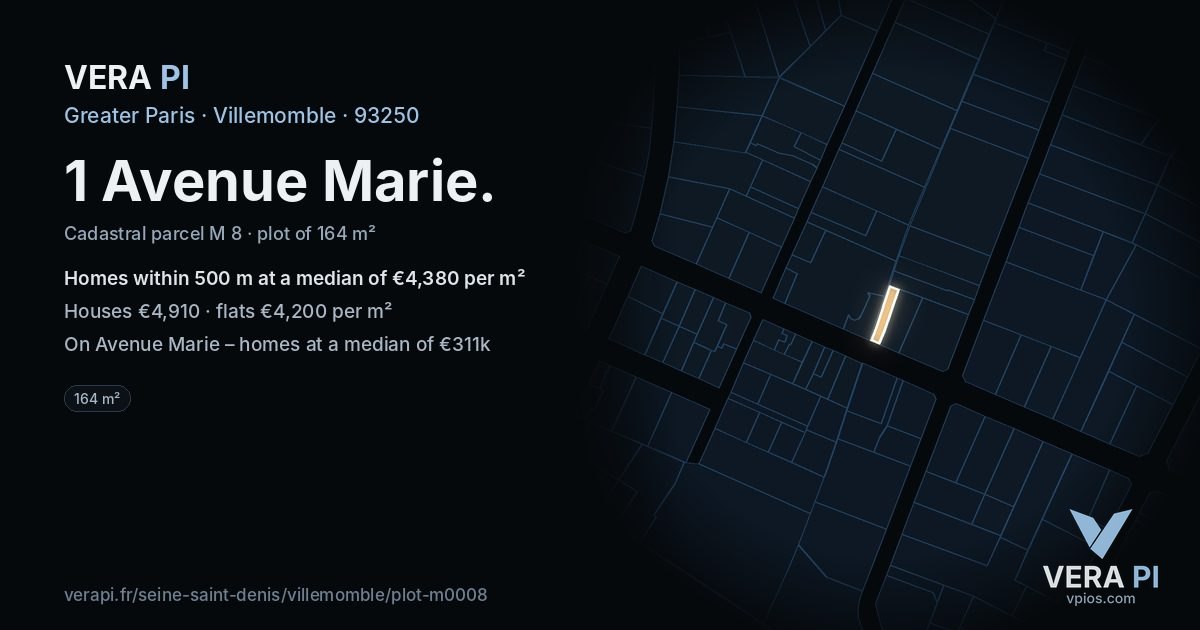 1 Avenue Marie, Villemomble at night – the plot lit, the parcels around coloured by the prices near them