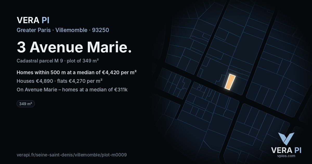3 Avenue Marie, Villemomble at night – the plot lit, the parcels around coloured by the prices near them