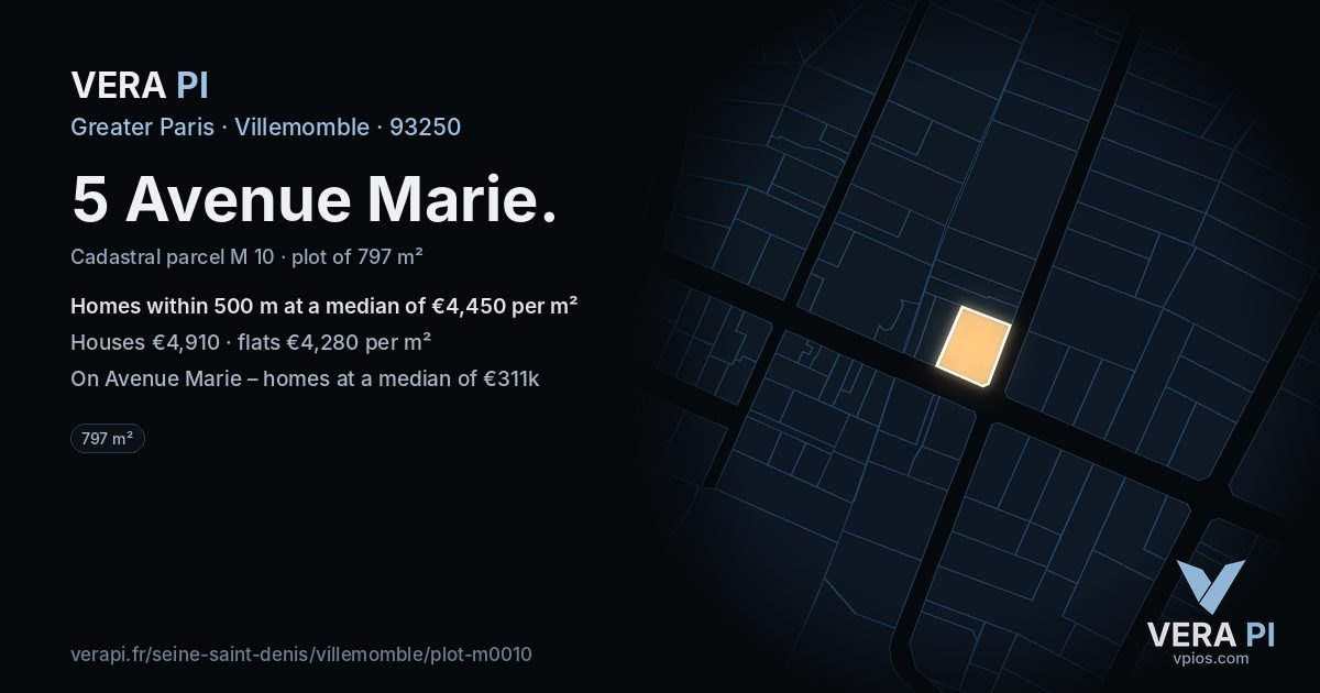5 Avenue Marie, Villemomble at night – the plot lit, the parcels around coloured by the prices near them