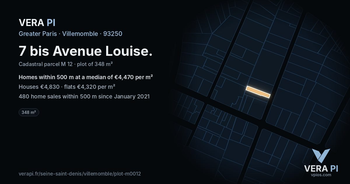 7 bis Avenue Louise, Villemomble at night – the plot lit, the parcels around coloured by the prices near them