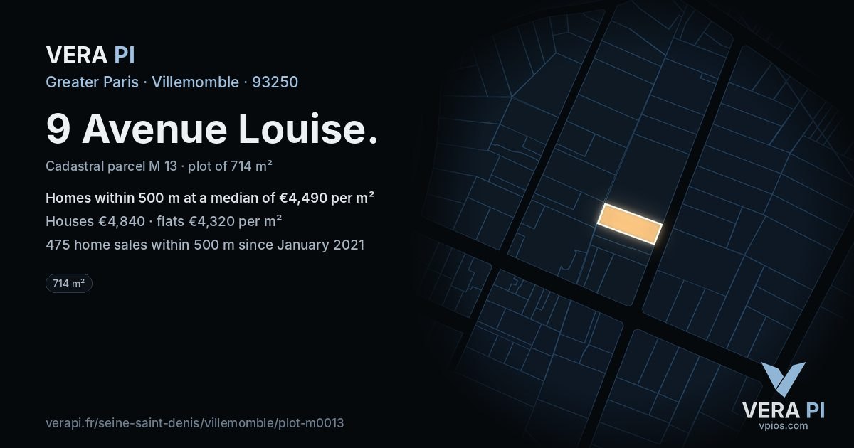 9 Avenue Louise, Villemomble at night – the plot lit, the parcels around coloured by the prices near them