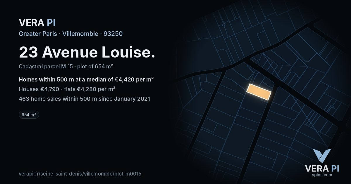 23 Avenue Louise, Villemomble at night – the plot lit, the parcels around coloured by the prices near them
