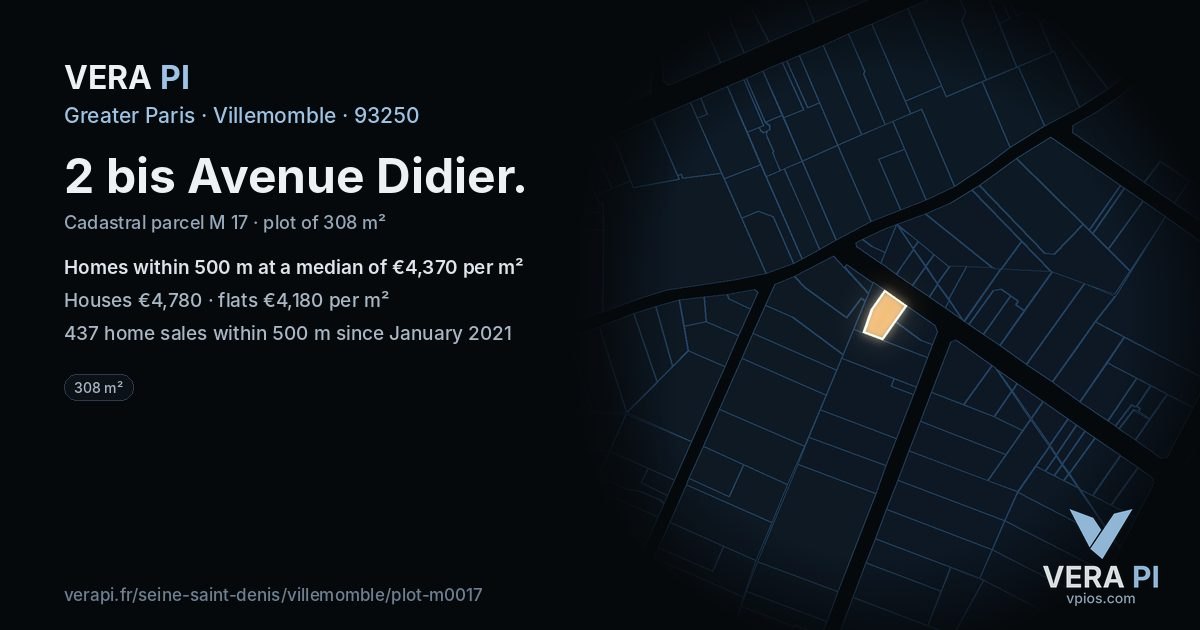 2 bis Avenue Didier, Villemomble at night – the plot lit, the parcels around coloured by the prices near them