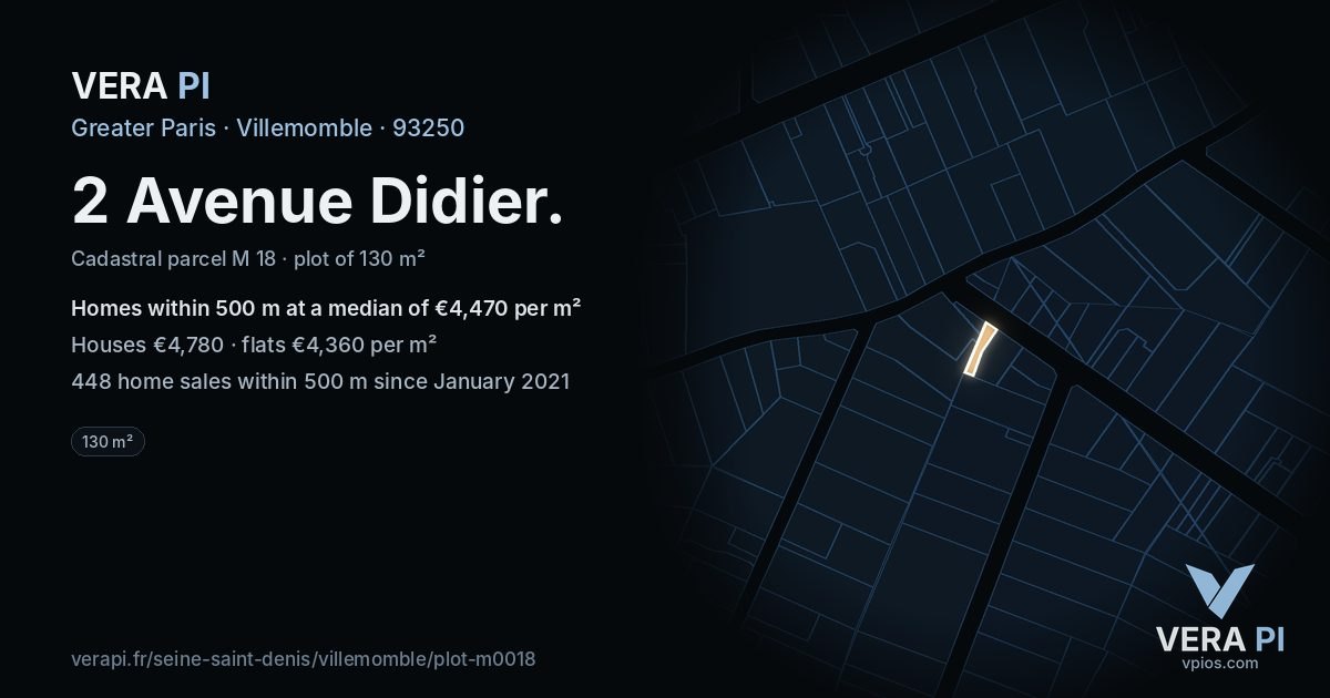 2 Avenue Didier, Villemomble at night – the plot lit, the parcels around coloured by the prices near them