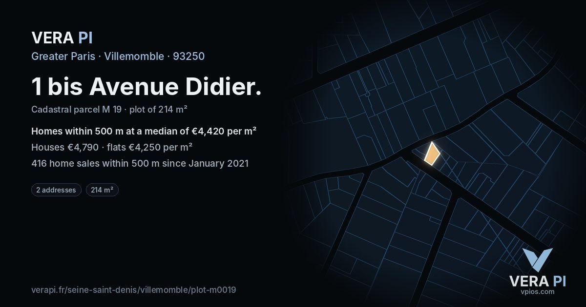 1 bis Avenue Didier, Villemomble at night – the plot lit, the parcels around coloured by the prices near them