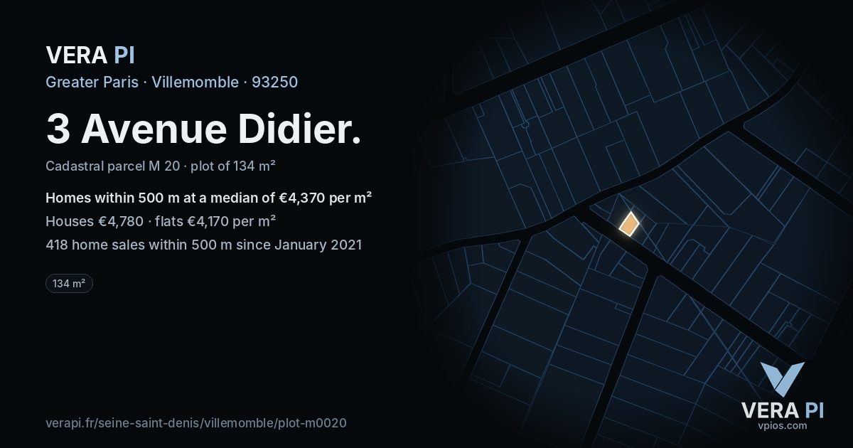 3 Avenue Didier, Villemomble at night – the plot lit, the parcels around coloured by the prices near them