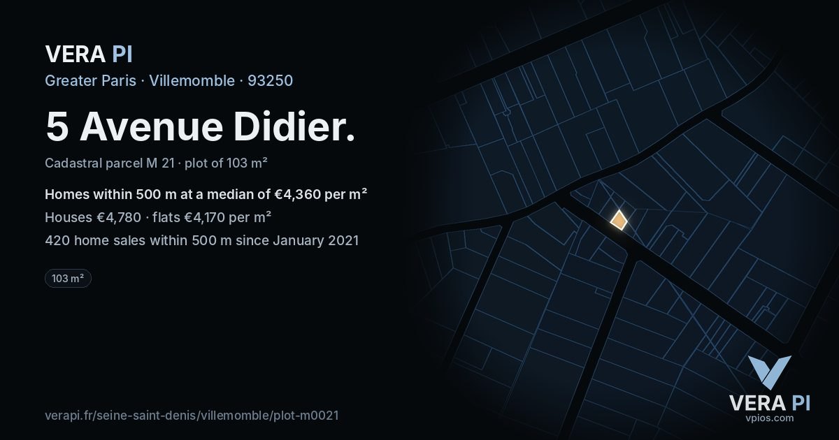 5 Avenue Didier, Villemomble at night – the plot lit, the parcels around coloured by the prices near them