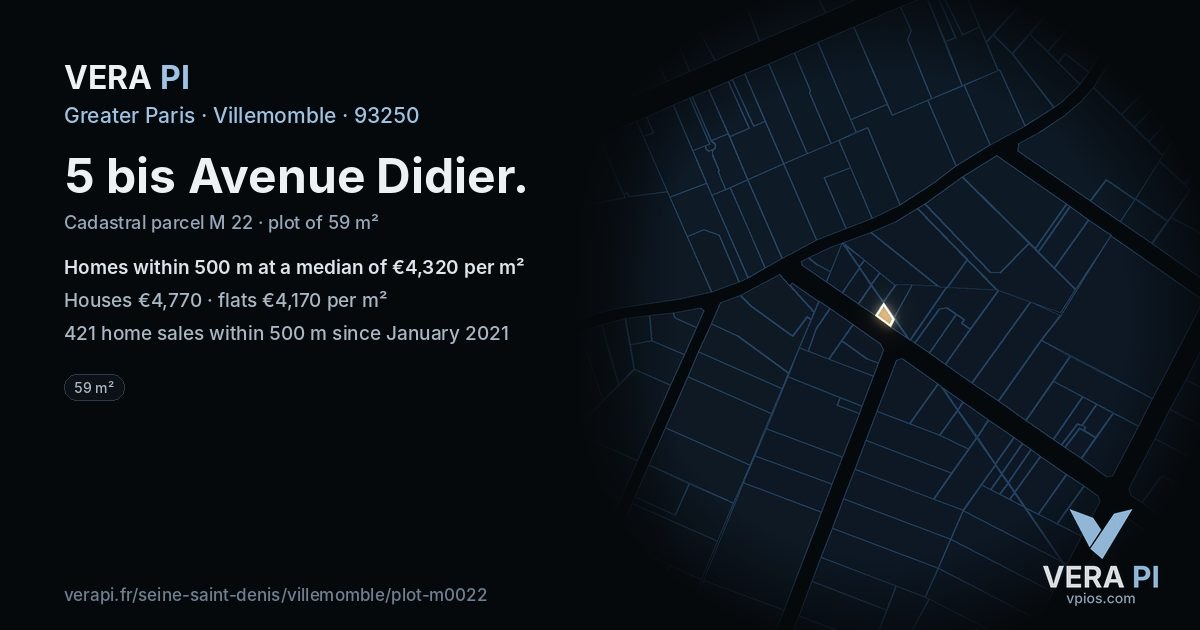 5 bis Avenue Didier, Villemomble at night – the plot lit, the parcels around coloured by the prices near them