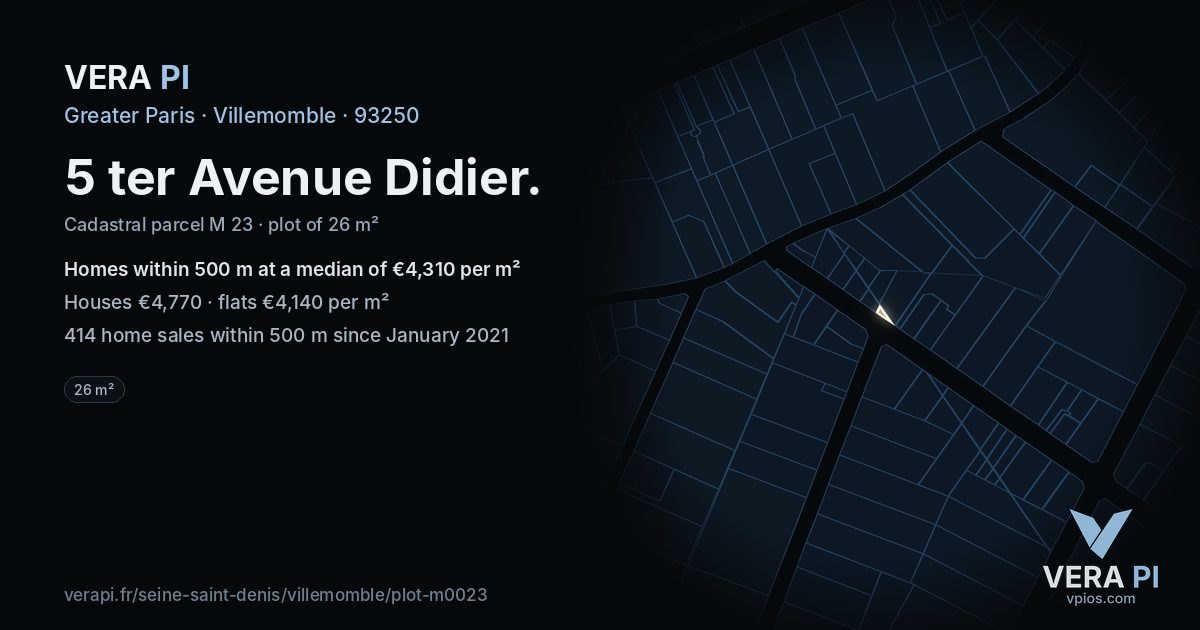 5 ter Avenue Didier, Villemomble at night – the plot lit, the parcels around coloured by the prices near them
